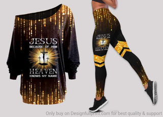 Gift For Christian Jesus Because Of Him Heaven Knows My Name Off Shoulder Long Sleeves Top and Leggings Set HG