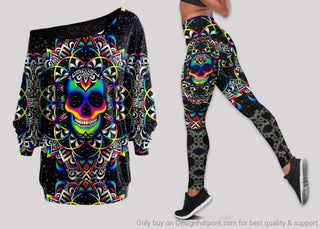 Skull Gift Colorful BBZ Skull Off Shoulder Long Sleeves Top and Leggings Set HG