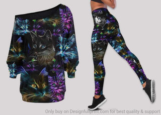 Colorful Cat Off Shoulder Long Sleeves Top and Leggings Set Gifts For Cat Lovers
