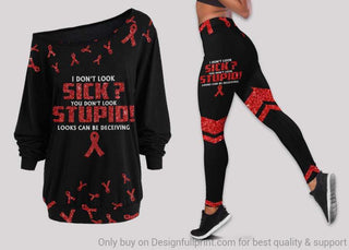 Red I Dont Look Sick Looks Can be Deceiving Off Shoulder Long Sleeve Top and Leggings Set