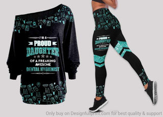 Gift For Mom My Daughter Is Awesome Dental Hygienist Off Shoulder Long Sleeves Top and Leggings Set LN