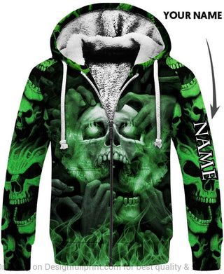 Skull Gift Personalized Green Eyes Screaming Skull Unisex Fleece Zip Up Hoodie