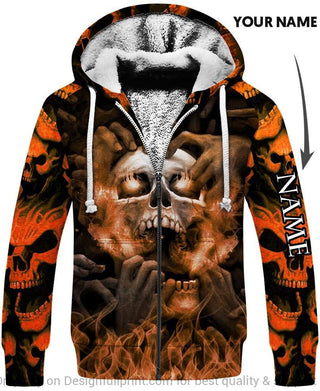 Skull Gift Personalized Orange Eyes Screaming Skull Unisex Fleece Zip Up Hoodie
