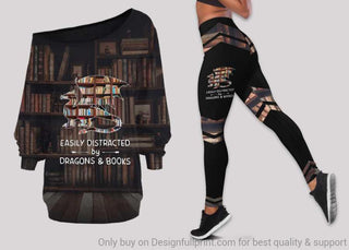 Gift For Dragon Lover Easily Distracted By Dragons And Books Off Shoulder Long Sleeves Top and Leggings Set