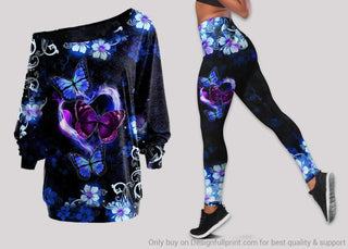 Gift For Butterfly Lover Butterfly Gifts Purple And Blue Butterflies With Flowers Off Shoulder Long Sleeves Top and Leggings Set HG