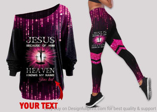 Gift For Christian Personalized Pink Jesus Because Of Him Heaven Knows My Name Off Shoulder Long Sleeves Top and Leggings Set HG
