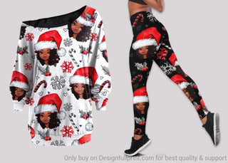 Black Pride Black Girl Christmas Off Shoulder Long Sleeves Top and Leggings Set Black And Proud 365
