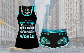 Gift For Trucker Teal My Man My Truck Driver Is My World Trucker Wife Tank and Shorts Set