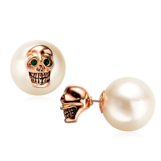 Skull Stud Earring with White Pearl Back Clip - designfullprint