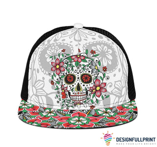 Skull Gift Gift For Trucker Red Flower Sugar Skull Trucker Hat HG