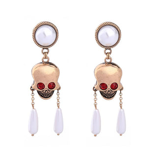 Pearls Skull Long Drop Earrings
