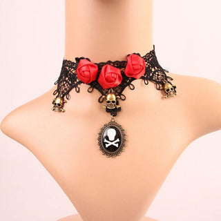 Red Roses and Skull Pendant Lace Choker - designfullprint