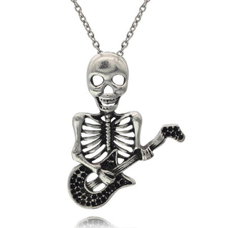 Vintage Silver Tone Playing Guitar Skull Necklace