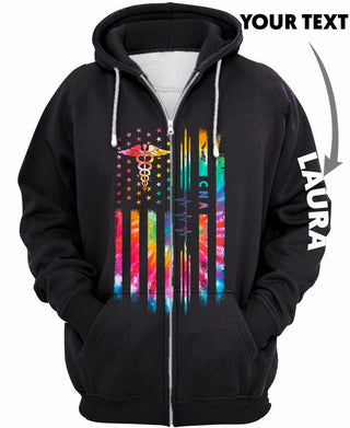 Gifts For Nurses Personalized Tie Dye Flag CNA Nurse Sweater Zipup Hoodie