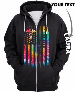 Gifts For Nurses Nurse Personalized Tie Dye Flag Zipup Hoodie Sweater