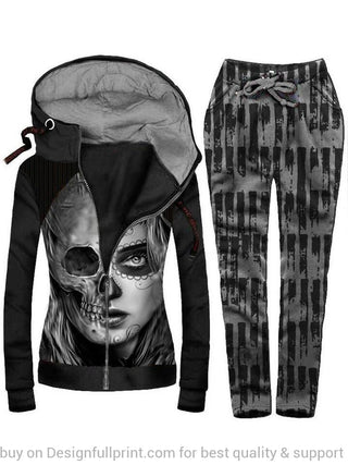 Skull Gift Skull and Girl I am You You Are Me Casual Hooded Sweatshirt Pants Suit LN