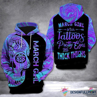 Skull Gift March Girl Skull With Tattoo Pretty Eyes All Over Print Hoodie LN