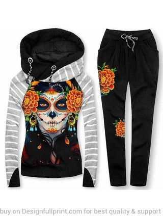 Skull Gift Skull Girl Casual Hooded Sweatshirt Pants Suit LN