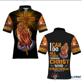 Gift For Christian I Can Do All Things Through Christ Jesus Black Yellow Polo Shirt NHD