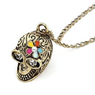 Vintage Floral Skull Metal Necklace
