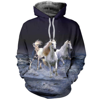3D White Horses Running In Splashing Sea Printed Hoodie, T-Shirt, Long-Sleeve Sweater 001 - designfullprint