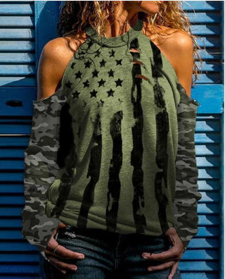Gift For Army Gift For Girl American Army Cut Shoulder Top LH