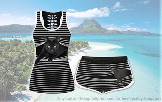 Black Cat Striped Tank and Shorts Set Gifts For Cat Lovers