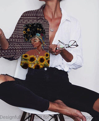 Black Pride Gift For Hippie Black Women Sunflower Print Long Sleeve Shirt LN Black Pride Black By Nature Proud By Choice