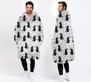 Cat Lover Gift Black Dots Black Cat Wearable Blanket Snug Hoodie For Teens And Adults