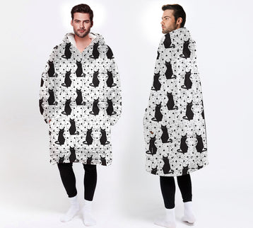 Cat Lover Gift Black Dots Black Cat Wearable Blanket Snug Hoodie For Teens And Adults