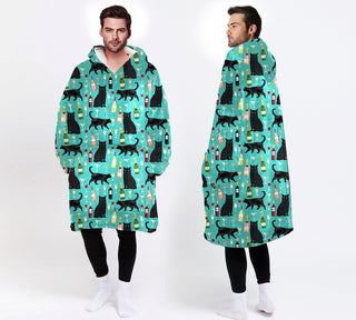 Cat Lover Gifts Drinking Gifts Champagnes And Drinking Black Cat Wearable Blanket Snug Hoodie For Teens And Adults