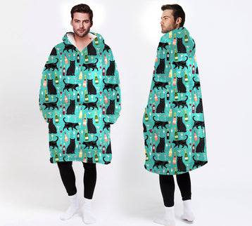 Cat Lover Gifts Drinking Gifts Champagnes And Drinking Black Cat Wearable Blanket Snug Hoodie For Teens And Adults