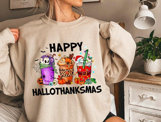 Happy Hallothanksmas Sweatshirt , Halloween & Merry Christmas Sweatshirt,Fall Coffee Sweatshirt, Christmas Coffee Shirt HG