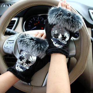 Rabbit Fur Suede Leather Fingerless Gloves - designfullprint