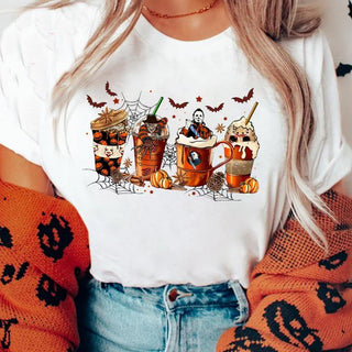 Thanksgiving 2023  Horror Movie Coffee Latte Shirt, Horror Characters Coffee Cup Shirt, Halloween Coffee Drink Shirt, Halloween Horror Coffee HG