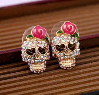 Pink Rose Skeleton Skull Earrings