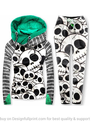 Skull Gift Black and White Skull Casual Hooded Sweatshirt Pants Suit LN