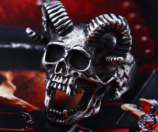 Stainless Steel Goat Horns Skull Biker Ring