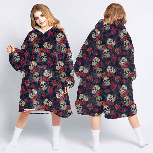 Skull Gift For Skull Lovers Floral Skull Wearable Blanket Snug Hoodie For Teens And Adults NHD
