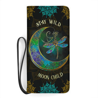 Gift For Hippie Lover Hippie Dragonfly Moon Stay Wild Moon Child Leather Wallet Long Wallet With Black Hand Strap HG