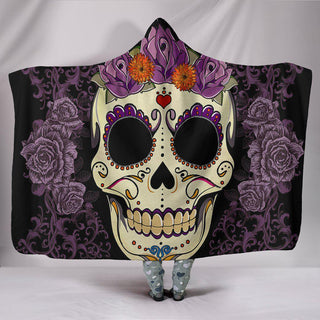 Ultra Soft Wool 3D Sugar Skull Purple Floral Hooded Blanket 012 - designfullprint