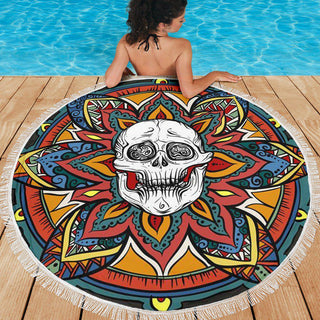 Ultra-soft & Lightweight Round Beach Blanket - Skull Floral 007 - designfullprint
