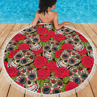 Ultra-soft & Lightweight Round Beach Blanket - Sugar Skull Roses Garden 010 - designfullprint
