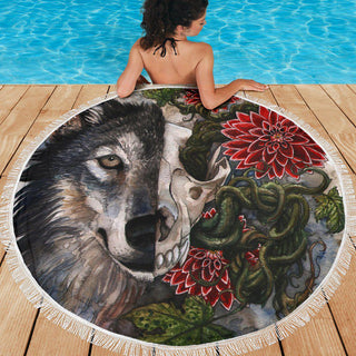 Lightweight Round Beach Blanket - Sugar Skull Half Skull Half Wolf  004