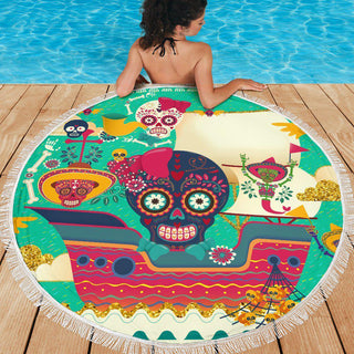 Lightweight Round Beach Blanket - Sugar Skull Skull Ship Mexican Skull 002