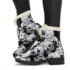 Black and White Floral Skull Faux Fur Leather Boots