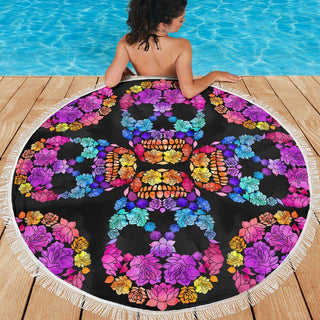 Lightweight Round Beach Blanket - Sugar Skull Skull Floral 005