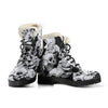 Black and White Floral Skull Faux Fur Leather Boots