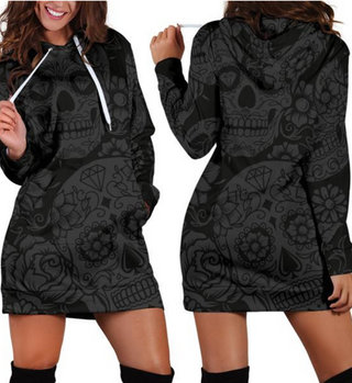 Dark Sugar Skull Women's Hoodie Dress - designfullprint