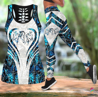 Gift For Horse Lover Horses Wood Pattern Blue Tank Top and Leggings Set HH